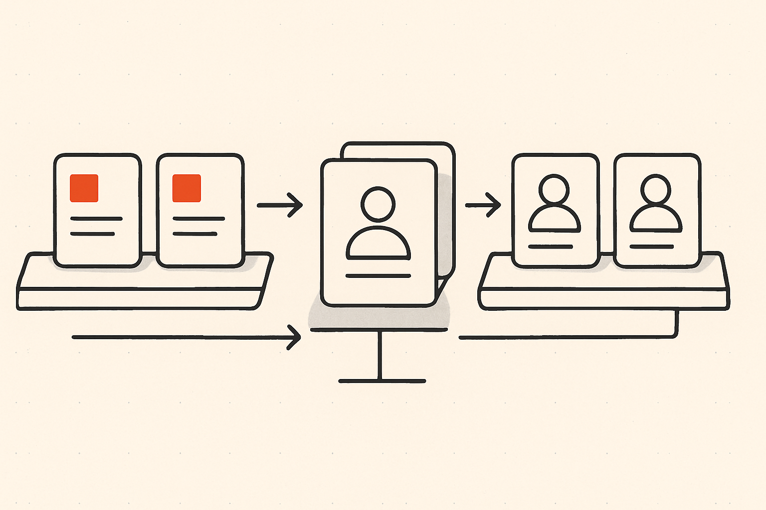 Two parallel pipelines of cards — investors and first sales — running side by side into one shared stack of startup contacts