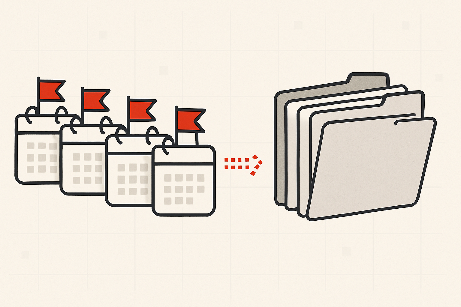 Calendar pages marked with deadline flags flowing into an organized stack of client folders, representing accounting deadline and client tracking