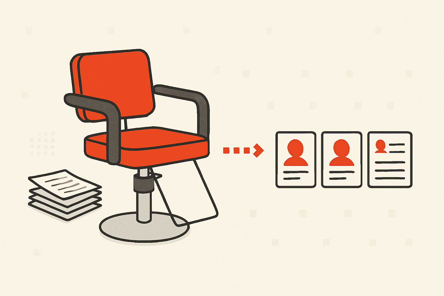 Scattered handwritten client notes beside a salon chair organizing into tidy client records, illustrating a free CRM for salons and spas