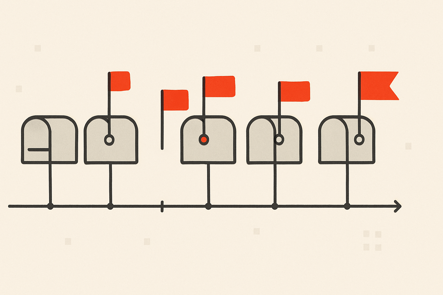 A timeline with raised flags marking loan milestones and a future renewal date, standing in for a mortgage broker's pipeline
