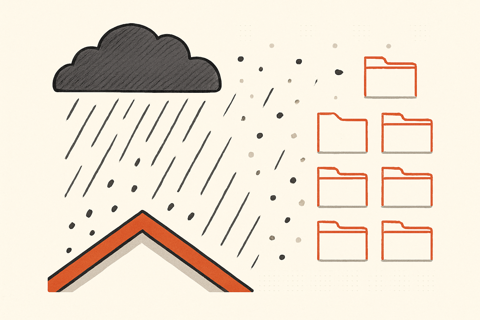 A storm over a house roof with hail resolving into tidy columns of job cards, illustrating a CRM for roofing contractors