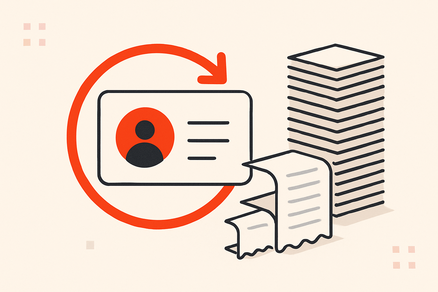 A customer record with a looping return arrow and a growing stack of receipts, representing repeat purchases over time